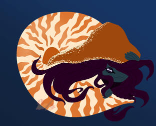 [image description] a dark figure with tendril-like hair peeking out from a nautilus shell