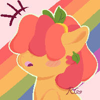 [image description] An orange pony with pink hair covering her eyes, she looks surprised. The background is a rainbow.