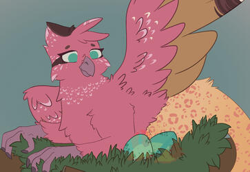 [image description] a pink and brown griffon sitting in a nest with 2 dark teal eggs