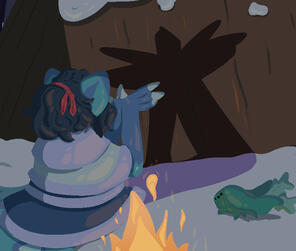 [image description] A curio character from the scatterstar arpg making a shadowpuppet bird for her praemon