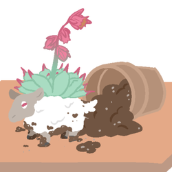 [image description] A small sheep stands in front of an overturned pot. It has dirt on it and a flowering succulent on it's back