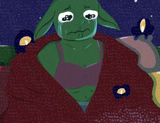 [image description] an orc wrapped in a blanket, crying